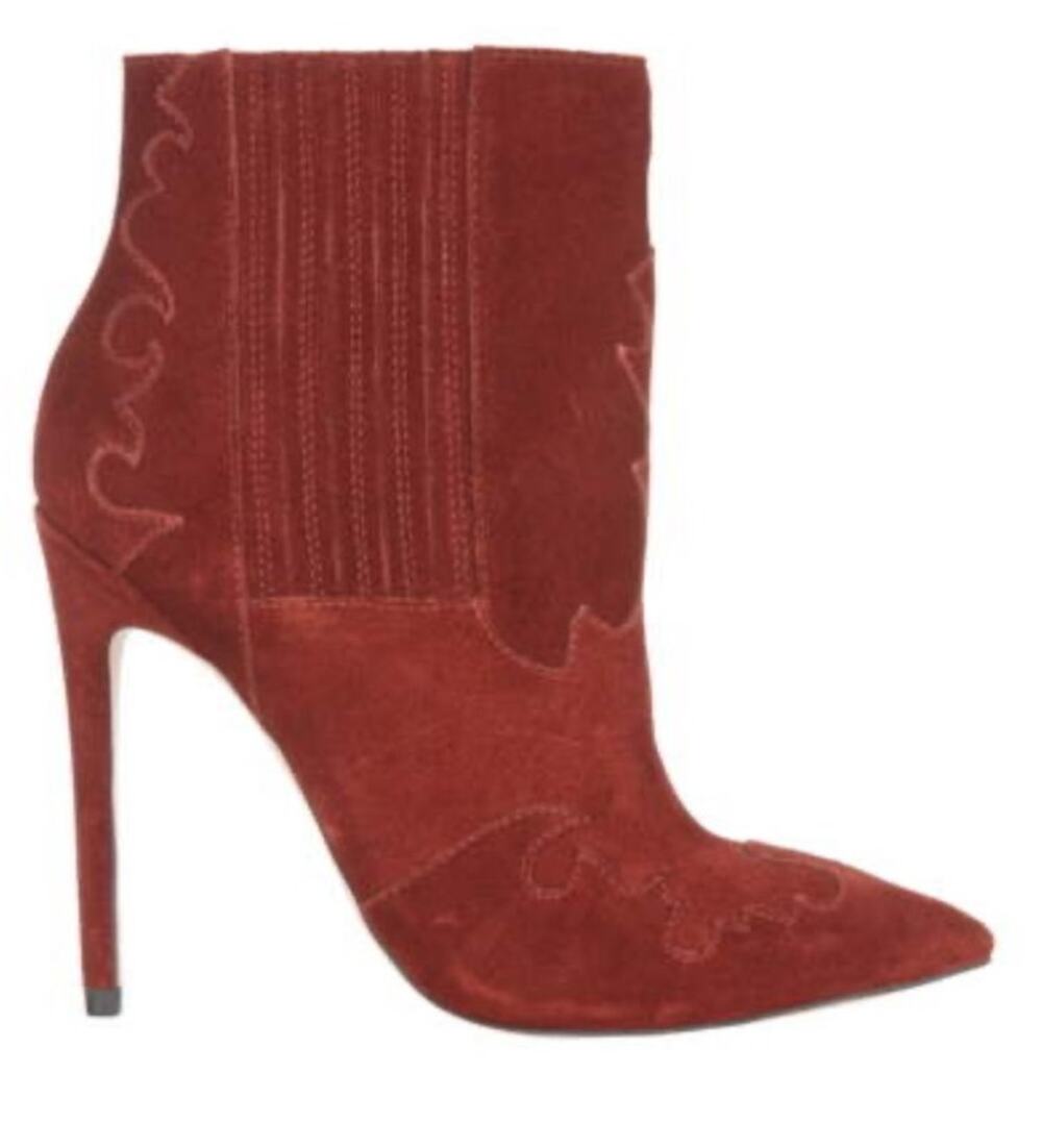 Burgundy suede pointed toe stiletto ankle boots with cowgirl design ASOS size 6
